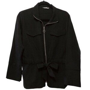 KAKAO Solid Black Collared Long Sleeve Waist Tied Jacket S